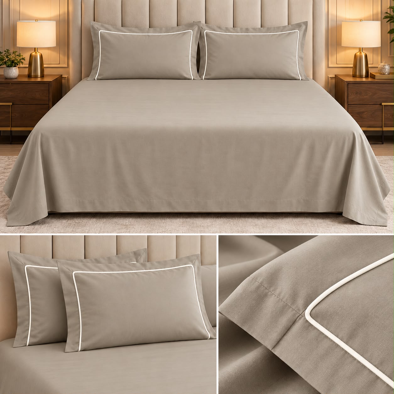 Egyptian Pure Cotton Plain Bedsheet Set with Designer Piping Pillow Covers – 108 x 108 Inch
