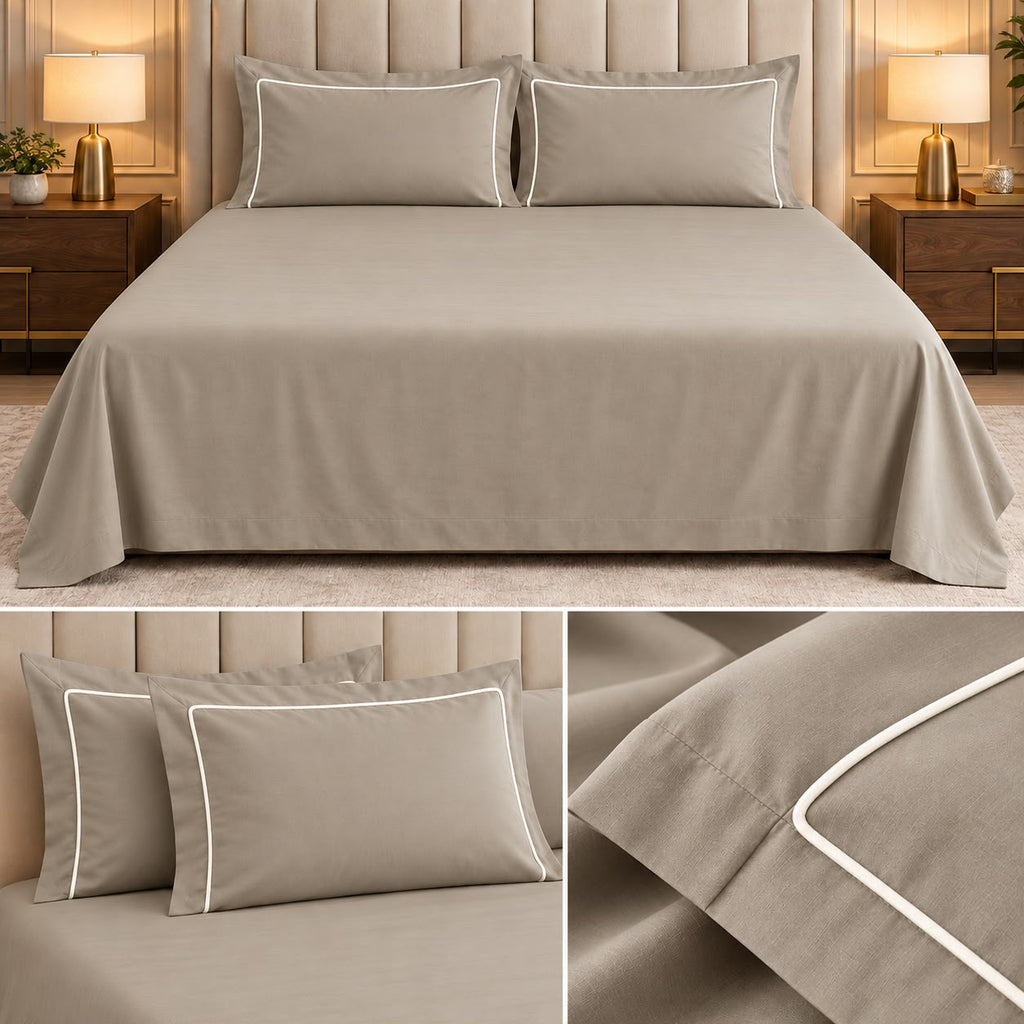 Egyptian Pure Cotton Plain Bedsheet Set with Designer Piping Pillow Covers – 108 x 108 Inch
