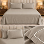 Egyptian Pure Cotton Plain Bedsheet Set with Designer Piping Pillow Covers – 108 x 108 Inch