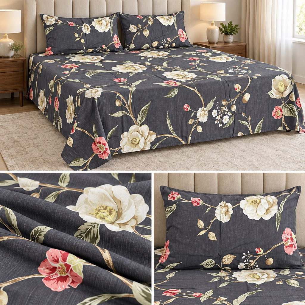 Midnight Bloom Premium Pure Cotton Floral Bedsheet Set – Jumbo King Size 3 Pcs (122 × 122 Inches)