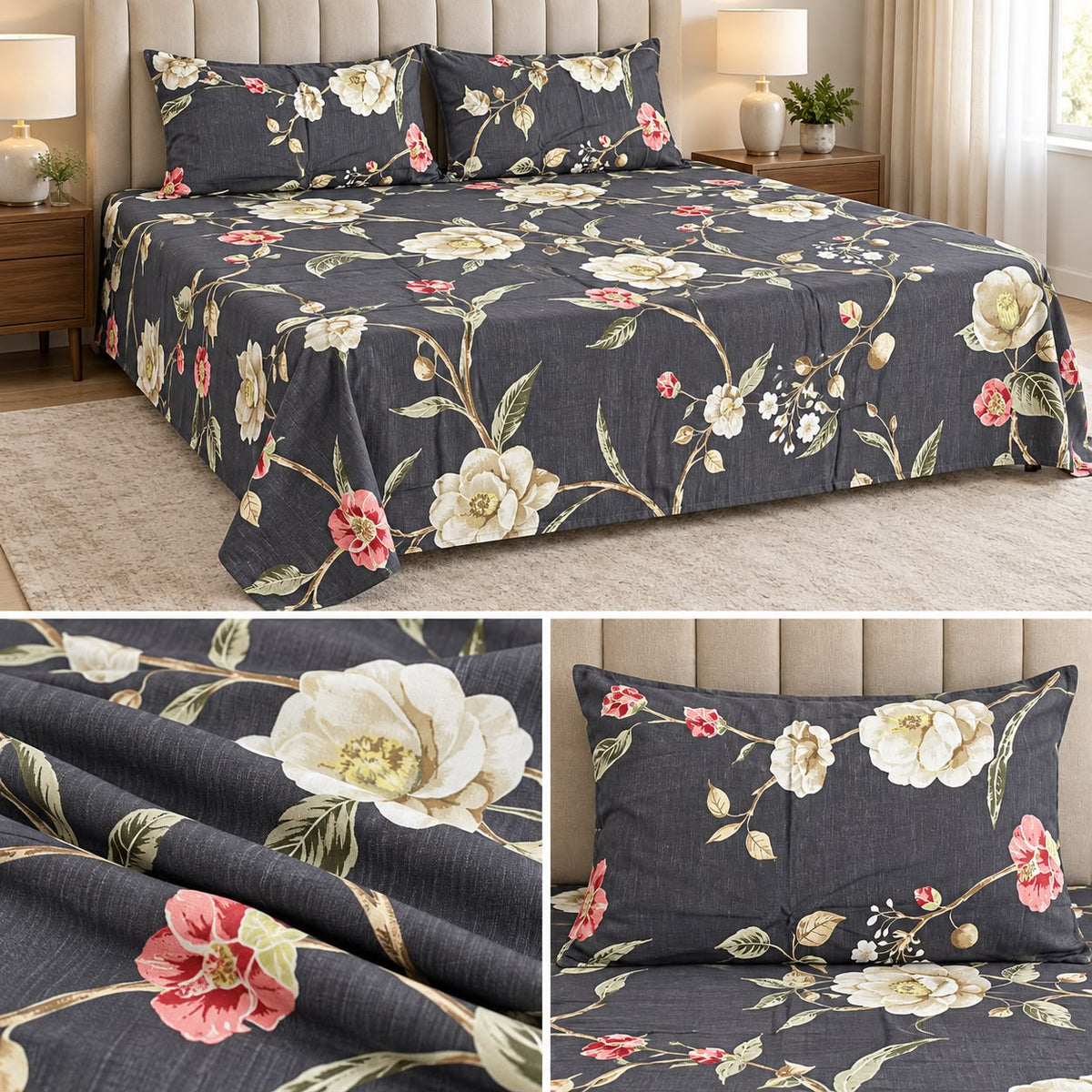 Midnight Bloom Premium Pure Cotton Floral Bedsheet Set – Jumbo King Size 3 Pcs (122 × 122 Inches)