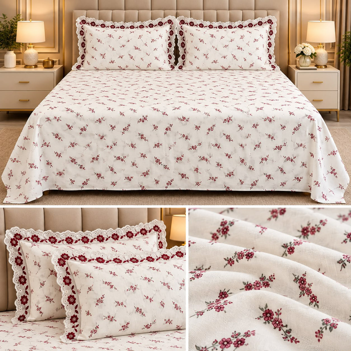 English Floral Lace Bedsheet Set – King Size 3 Pcs | Product Code :- 55B128RKEH