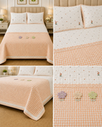 Gingham King Size Quilted Bedcover with 3 Beautiful 3D Floral Appliqué | Product Code :- 55B185RKEH