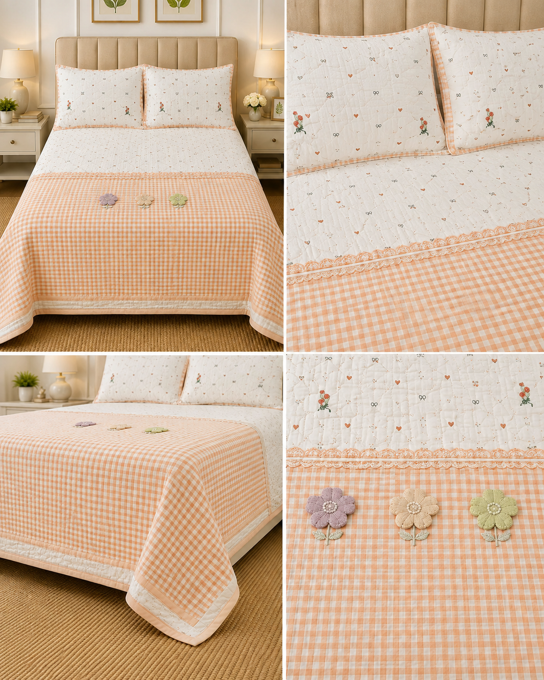 Gingham King Size Quilted Bedcover with 3 Beautiful 3D Floral Appliqué | Product Code :- 55B185RKEH