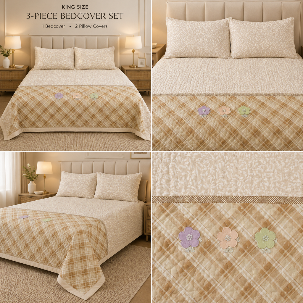 Gingham King Size Quilted Bedcover with 3 Beautiful 3D Floral Appliqué | Product Code :- 55B185RKEH
