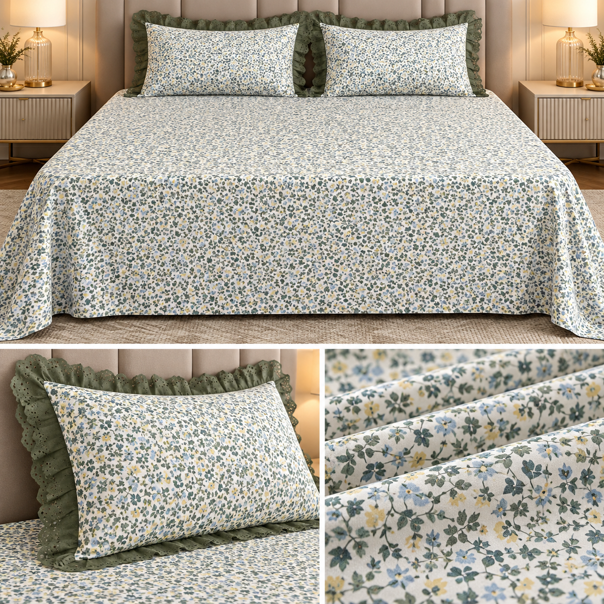 English Garden Premium Cotton Floral Bedsheet Set with Designer Lace Pillow Covers – 108 x 108 Inch