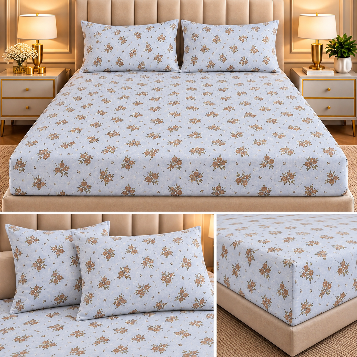 Elegance 100% Cotton King Size Fitted Bedsheet Set – 3 Pcs Product Code :- 55B165RKEH