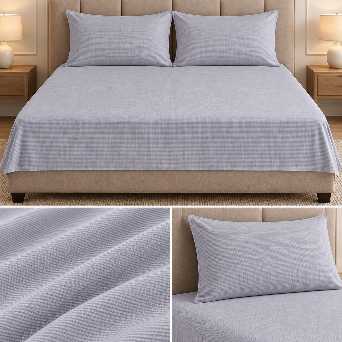 Premium Soft Ribbed Plain Bedsheet Set – King Size 3 Pcs