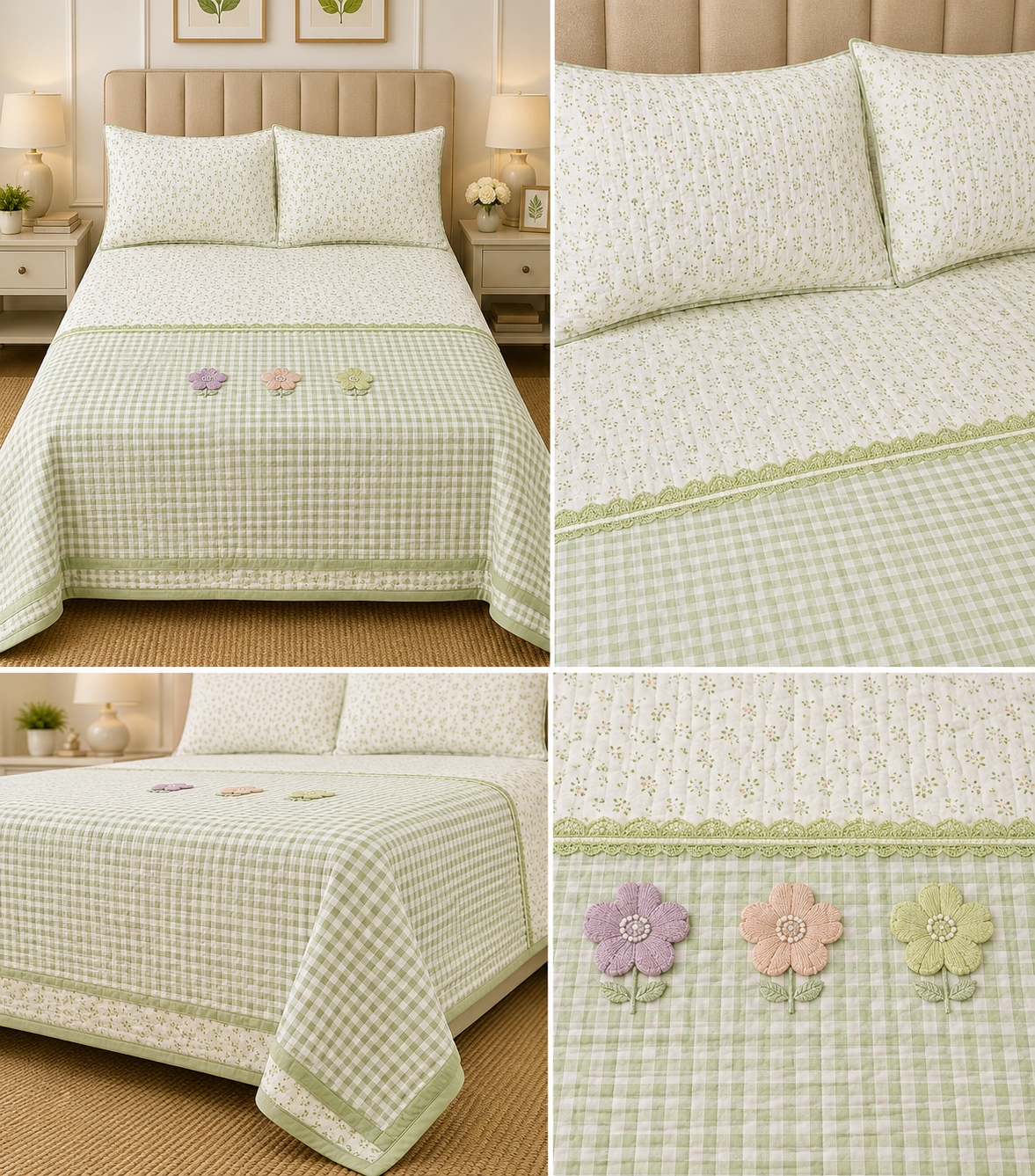 Gingham King Size Quilted Bedcover with 3 Beautiful 3D Floral Appliqué | Product Code :- 55B185RKEH