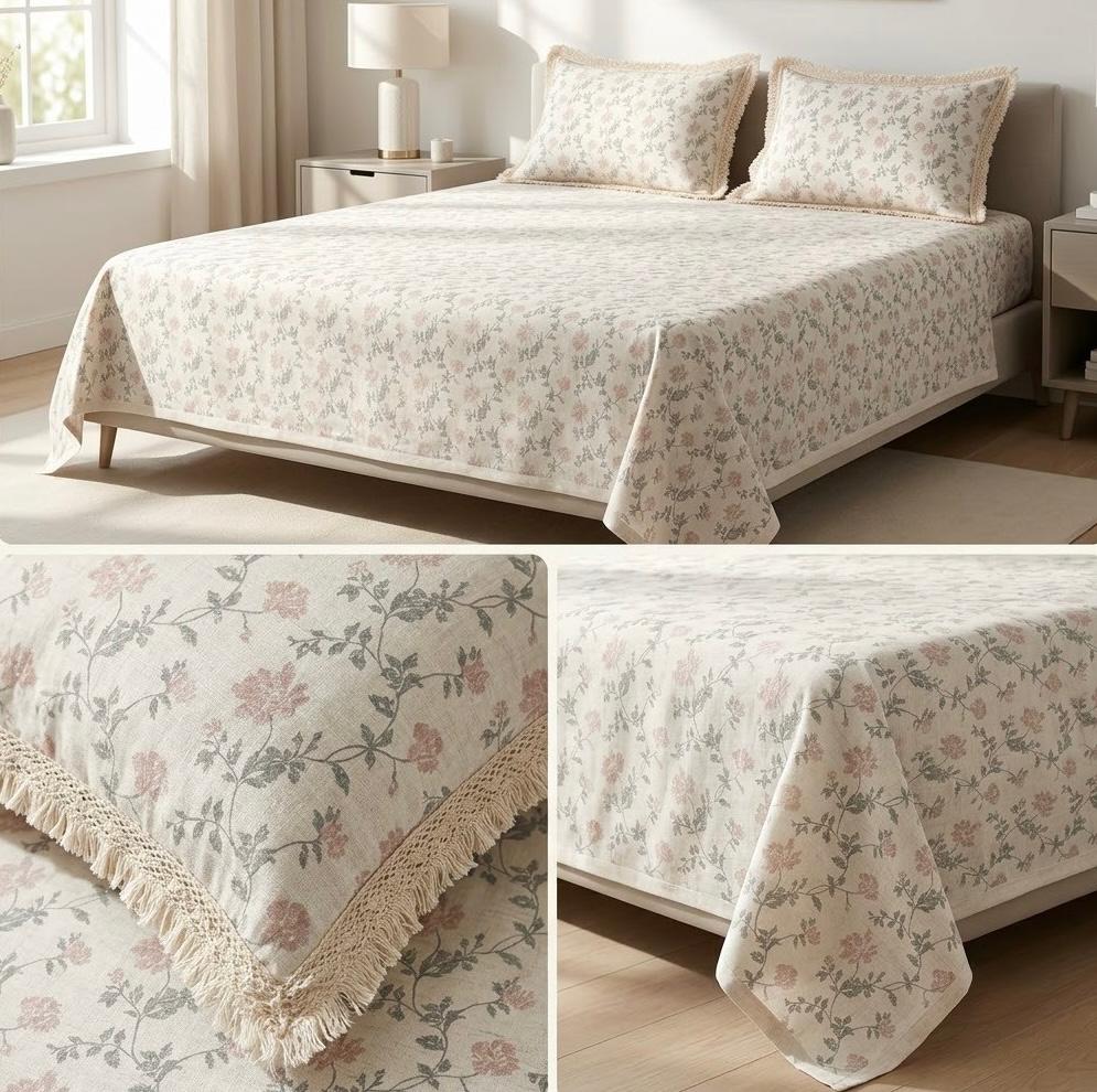 Designer Cotton Bedsheet Set with Elegant Tassel Fringe Pillow Covers – King Size (3 Pcs)