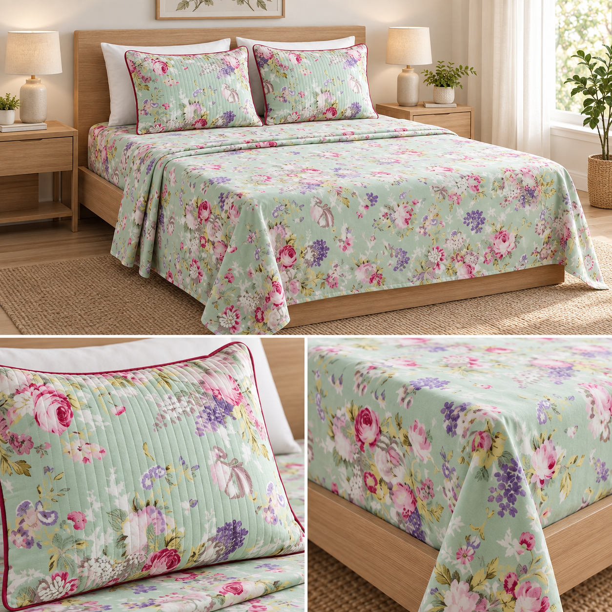 British Rose Bedsheet with Quilted Pillow Covers – Super King Size Product Code :- 55B108RKEH