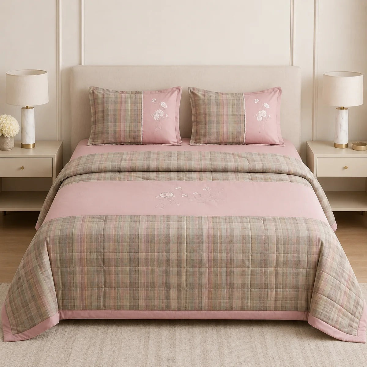 Serene Bloom Luxe Linen Cotton 4-Piece Comforter Set – Premium Embroidered Bedding Collection Product Code :- 55B525RKEH