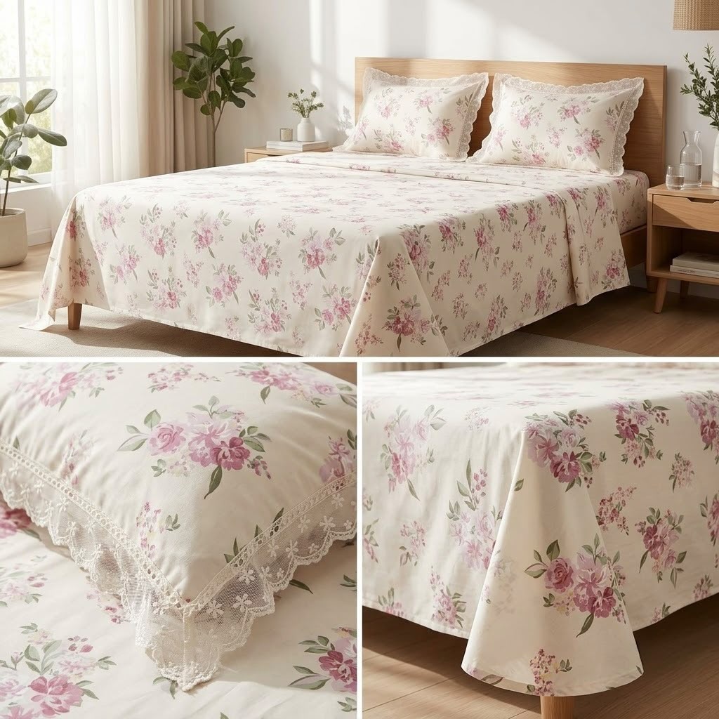 Premium 300 TC Pure Cotton Bedsheet Set with Designer Lace Pillow Covers – King Size 108 x 108 Inch