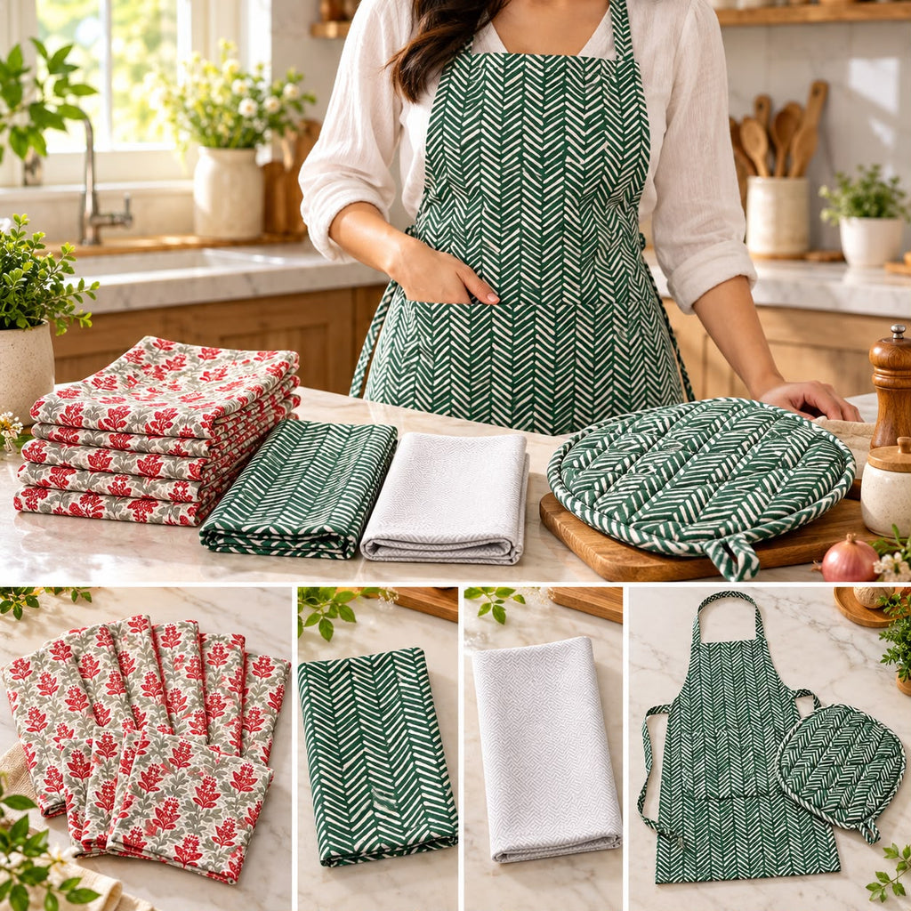 Premium 11-Piece Kitchen Linen Set with Apron, Napkins & Quilted Pot Holder – Green Floral Collection