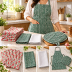 Premium 11-Piece Kitchen Linen Set with Apron, Napkins & Quilted Pot Holder – Green Floral Collection