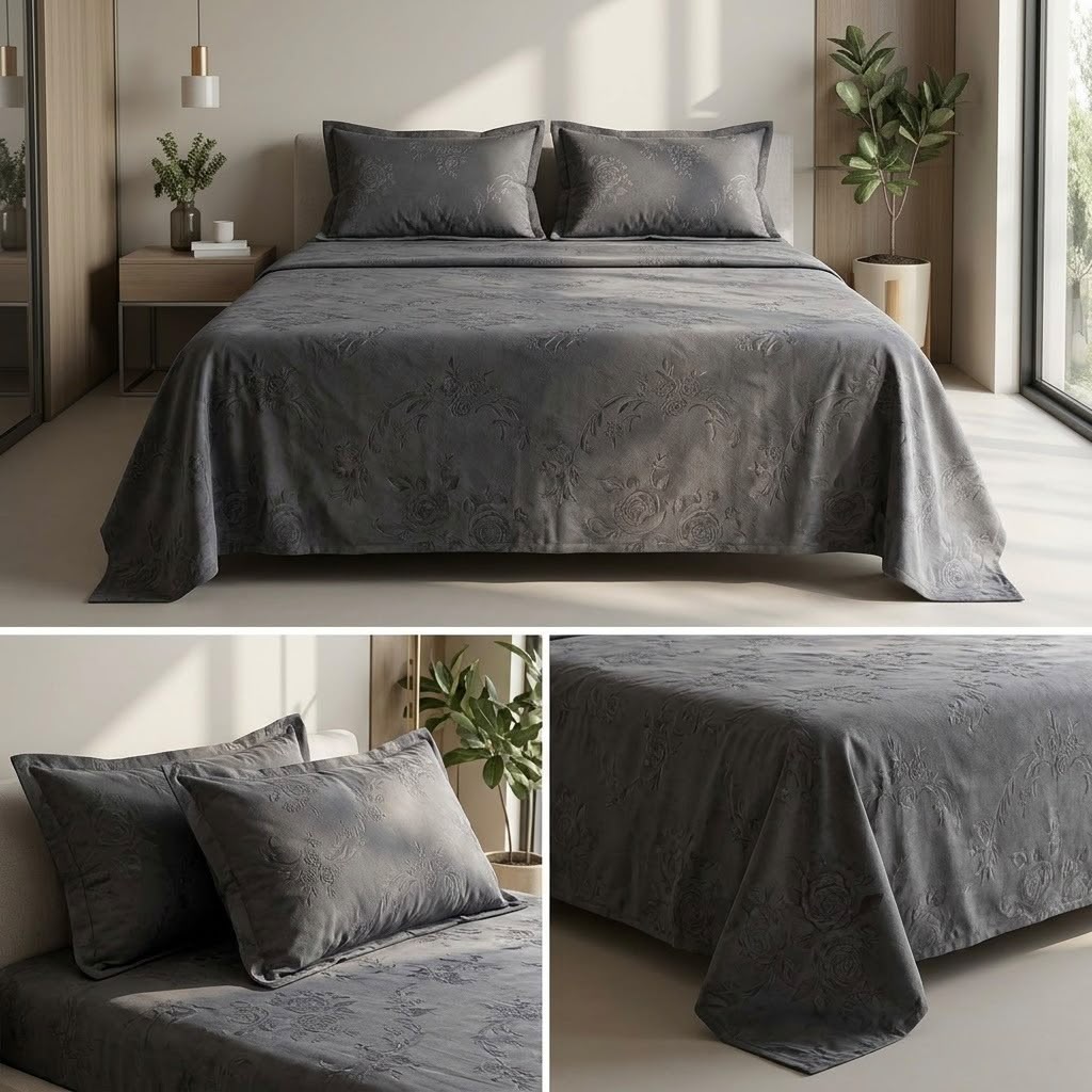 Warm Embossed Rose Floral Fitted Bedsheet Set – King Size (3 Pcs)