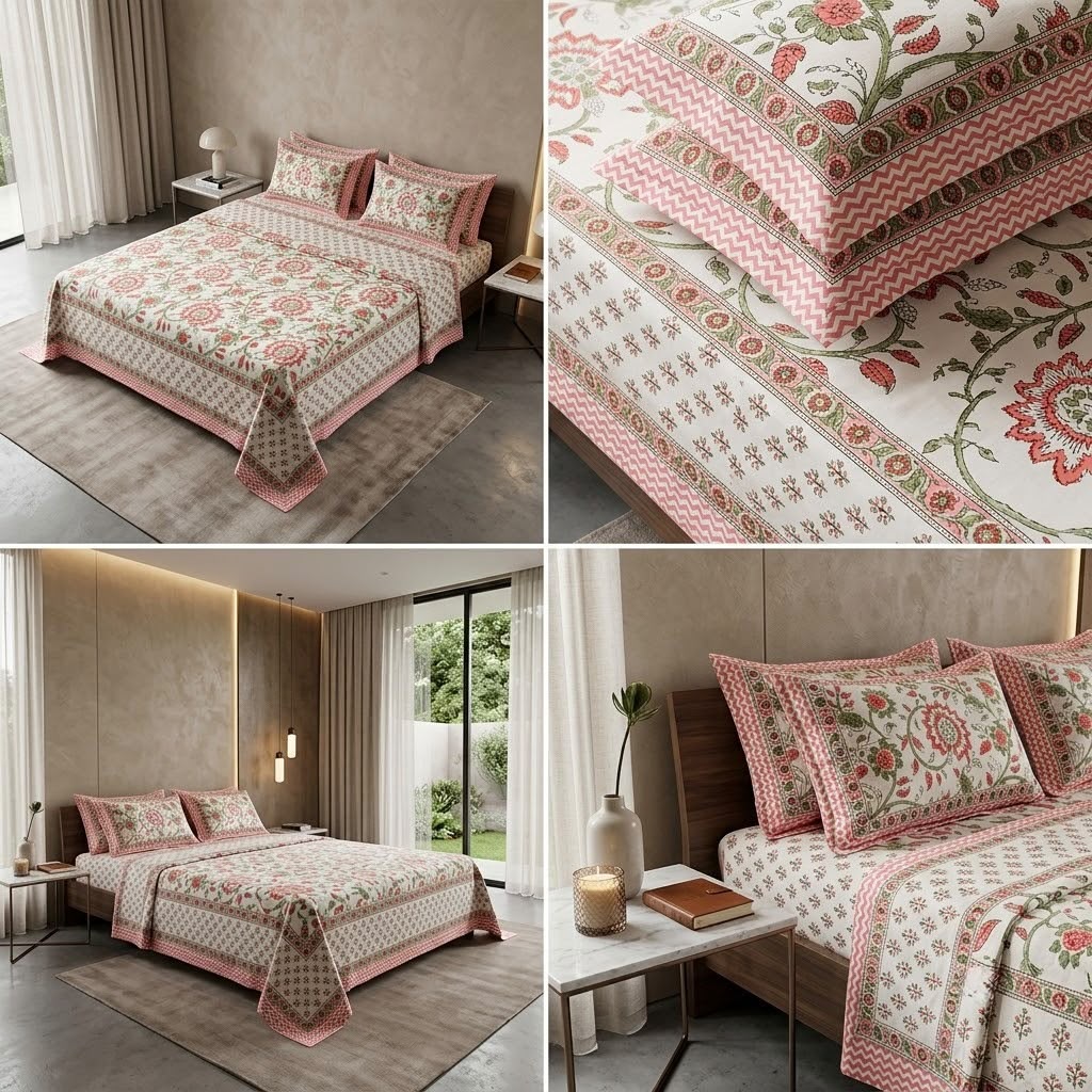Heritage Block Print Cotton Bedsheet Set – King Size 3 Pcs