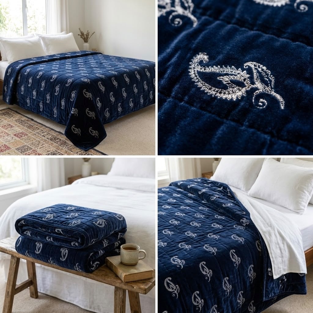 Royal Paisley Navy Velvet King Size Bedcover