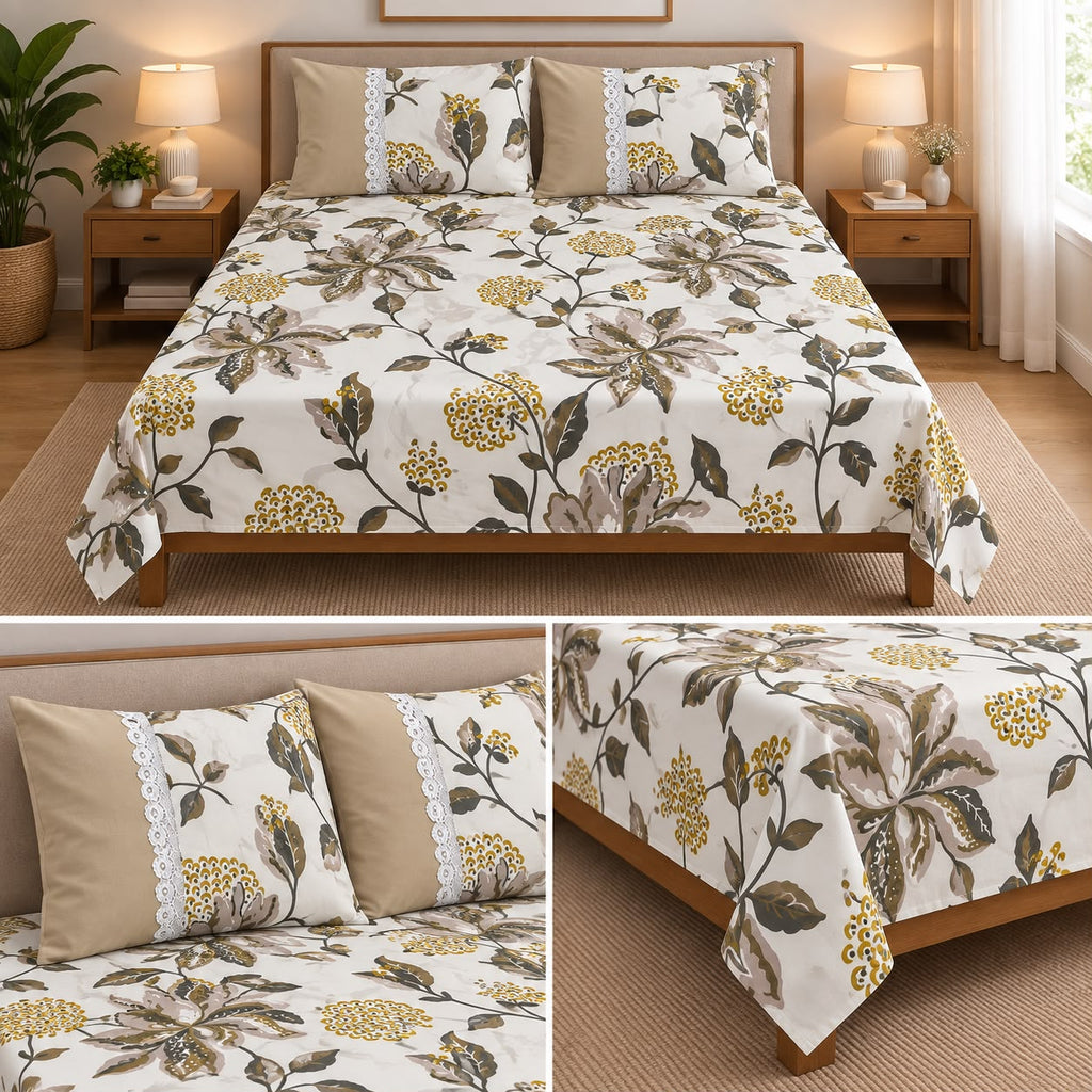 Harmony Bloom Floral King Size Bedsheet Set – 3 Piece