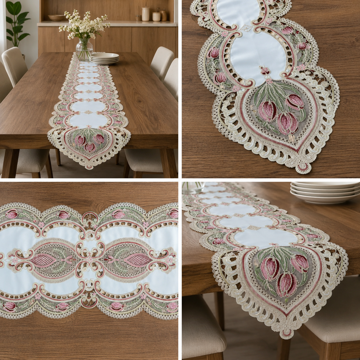 Premium Embroidered Cutwork Dining Table Runner – 6 Seater | Luxury Tulip Floral Lace Design