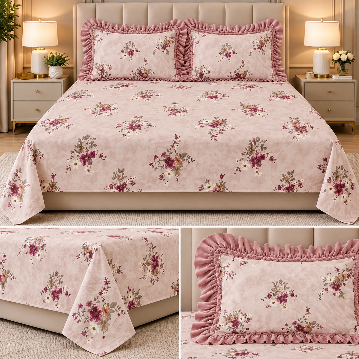 Vintage Bloom Premium Winter Bedsheet Set – 3 Pcs set Product Code :- 55B225RKEH