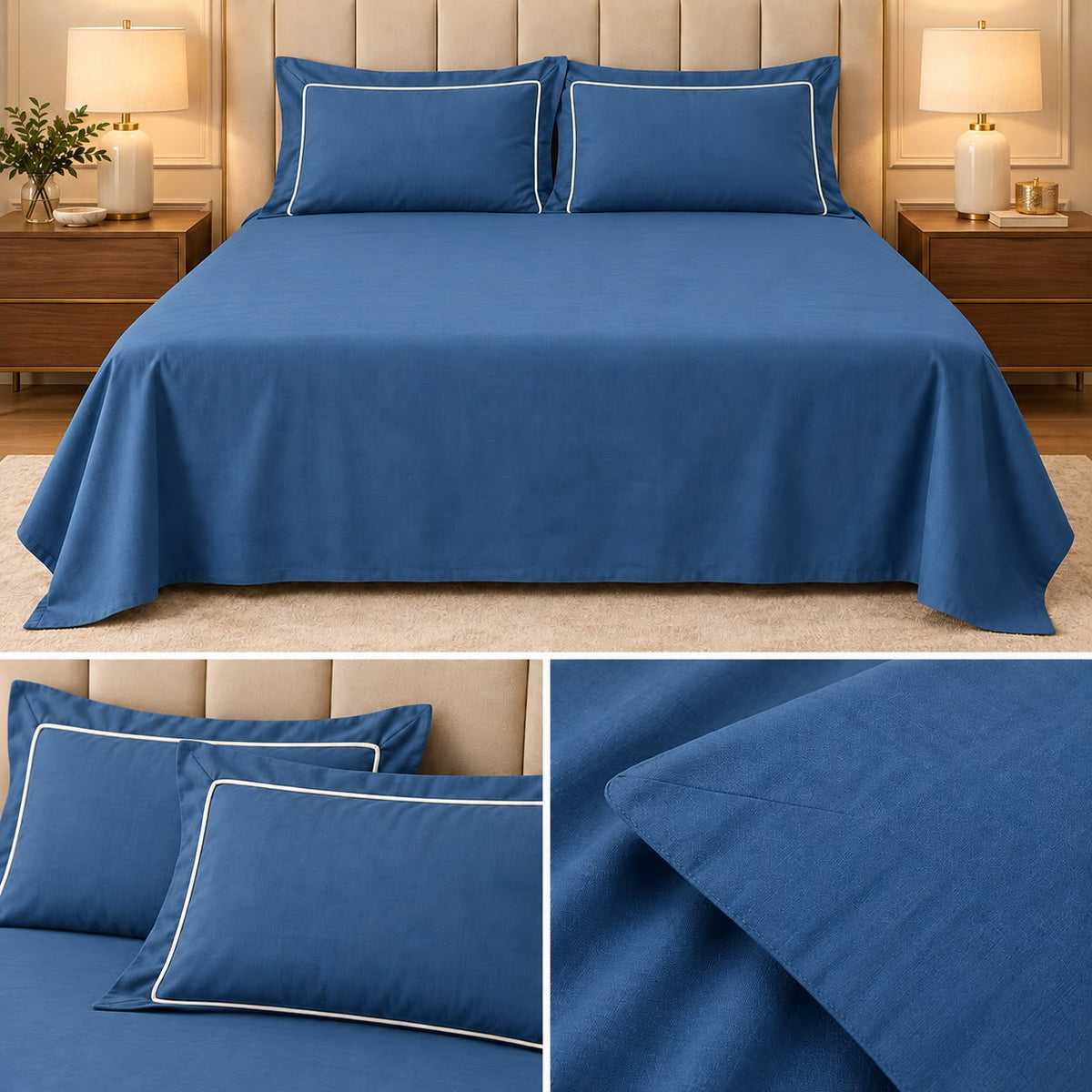 Egyptian Pure Cotton Plain Bedsheet Set with Designer Piping Pillow Covers – 108 x 108 Inch