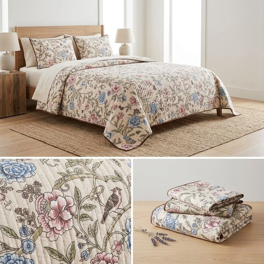 English Garden Floral Quilted Bedcover – 3 Piece Set with Matching Pillow Covers