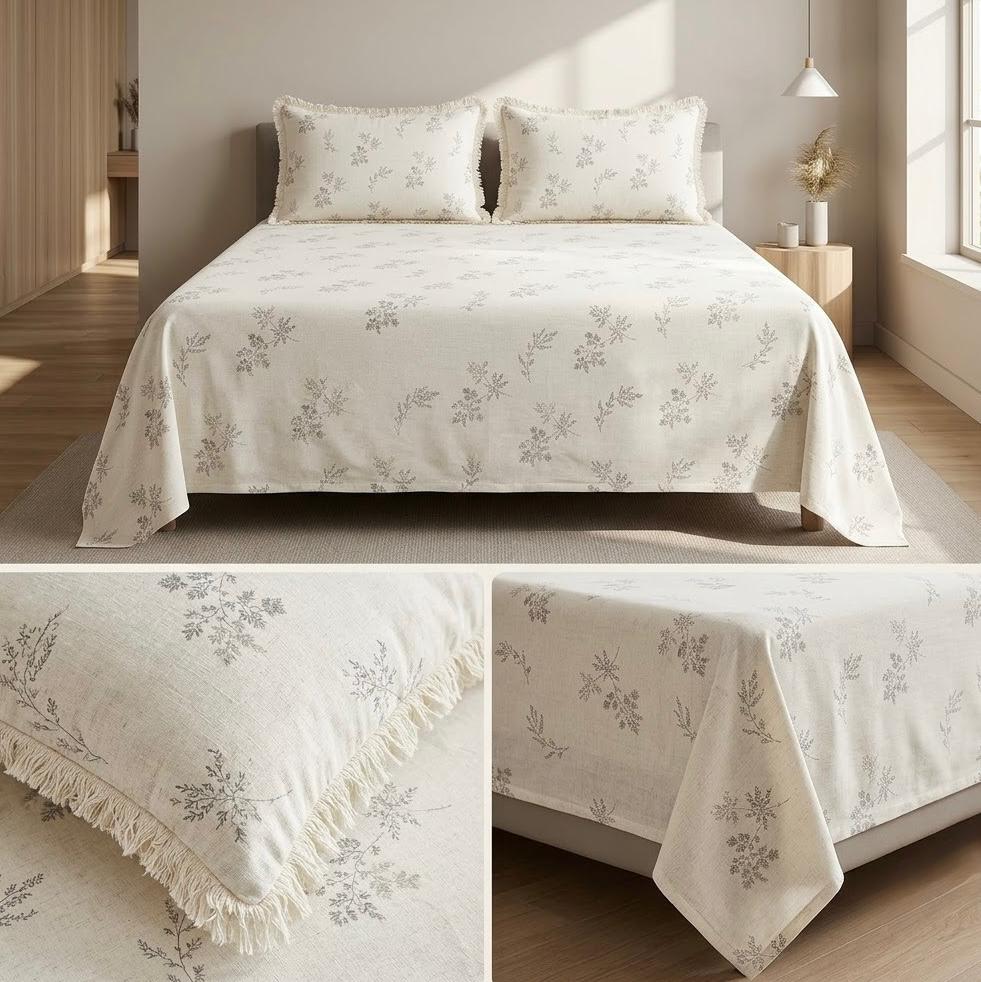 Designer Cotton Bedsheet Set with Elegant Tassel Fringe Pillow Covers – King Size (3 Pcs)