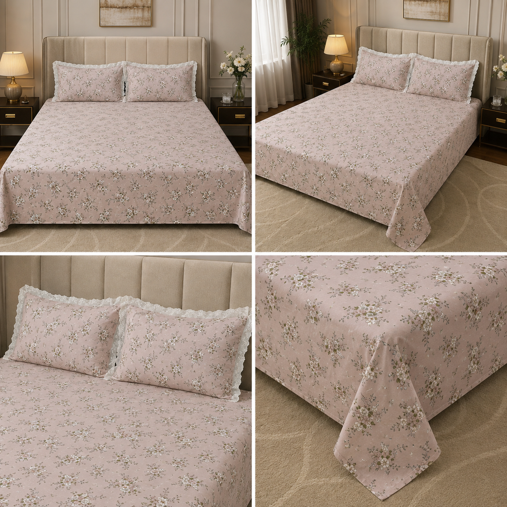English Floral Print King Size Bedsheet with Lace Pillow Covers – 250 × 270 cm