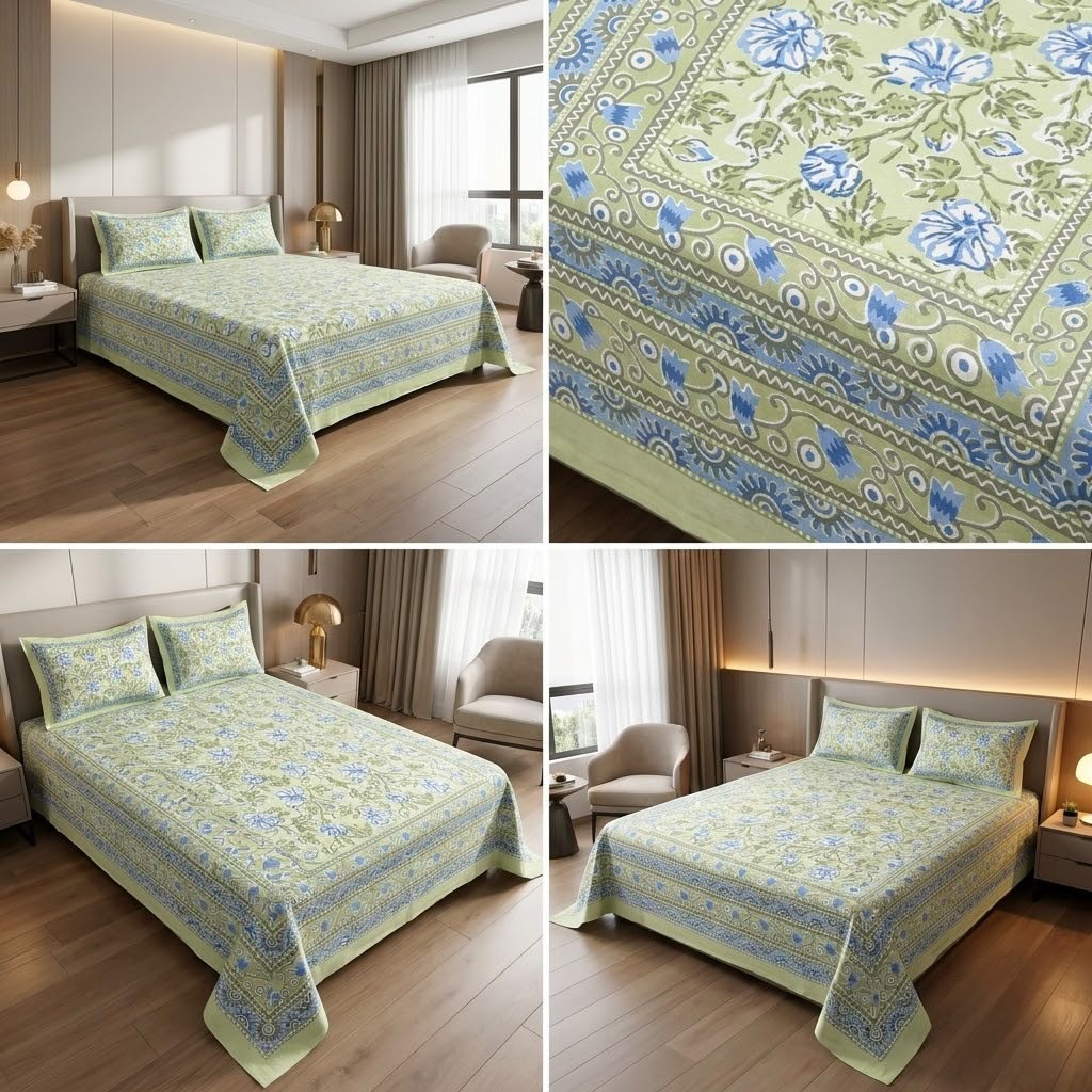 Heritage Block Print Cotton Bedsheet Set – King Size 3 Pcs