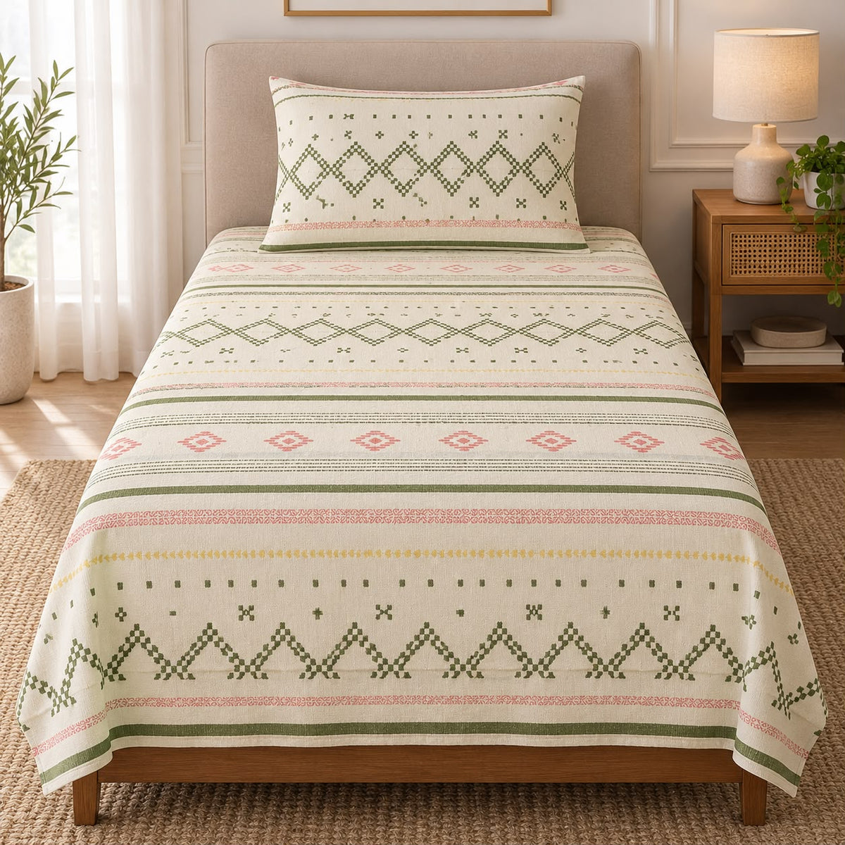 Printed Single Bedsheet Set – 2 Pcs (1 Bedsheet + 1 Pillow Cover) 100 % Pure Cotton