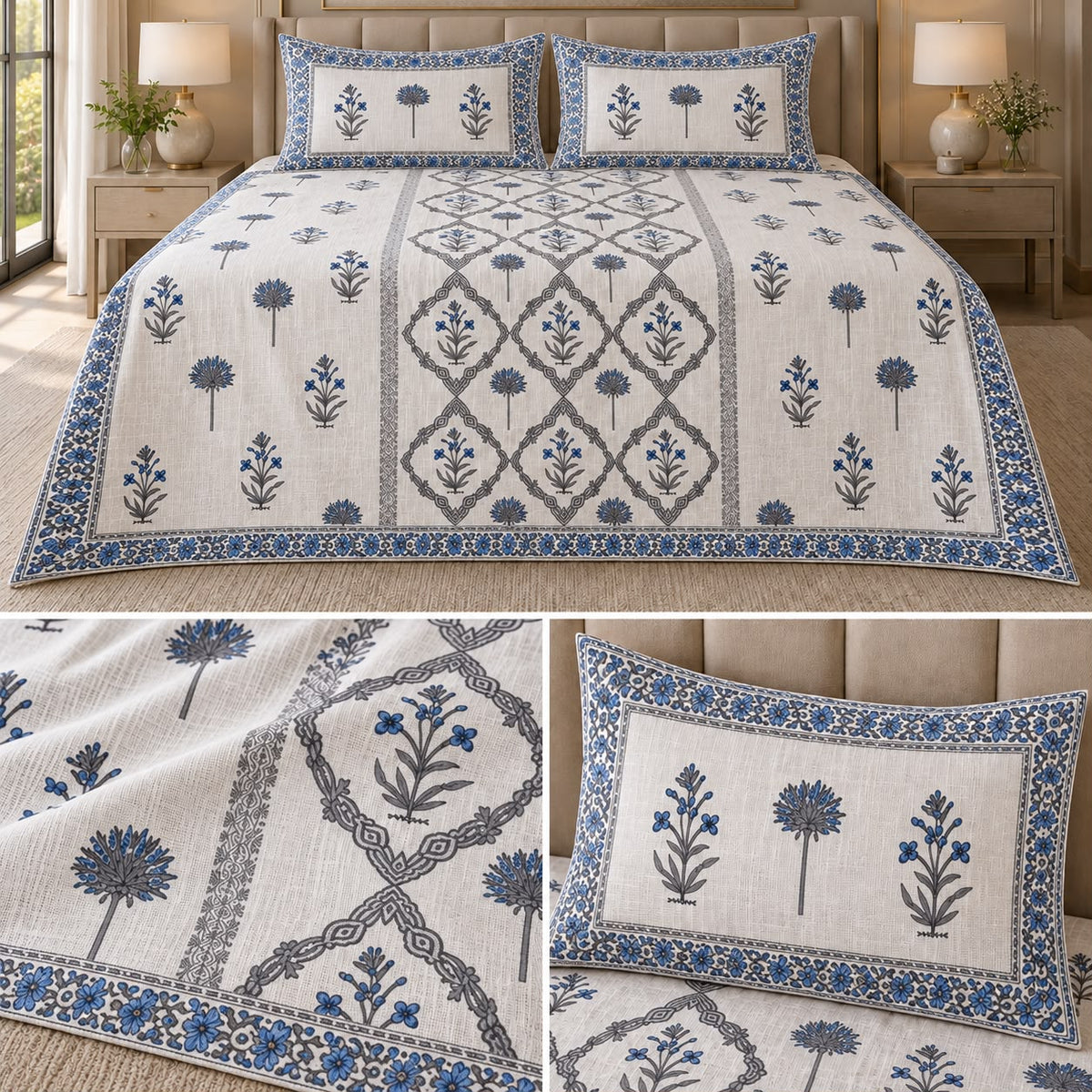 Soft Khadi Floral Bedcover Set – 3 Pcs | Elegant Traditional Print