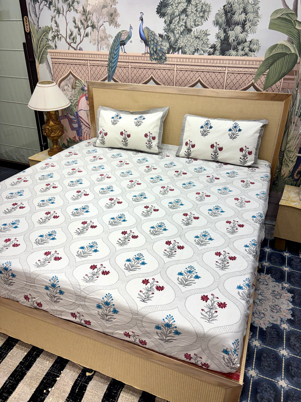 Block Prints Pure Cotton Printed Fitted Bedsheet Set with 2 Pillow Covers