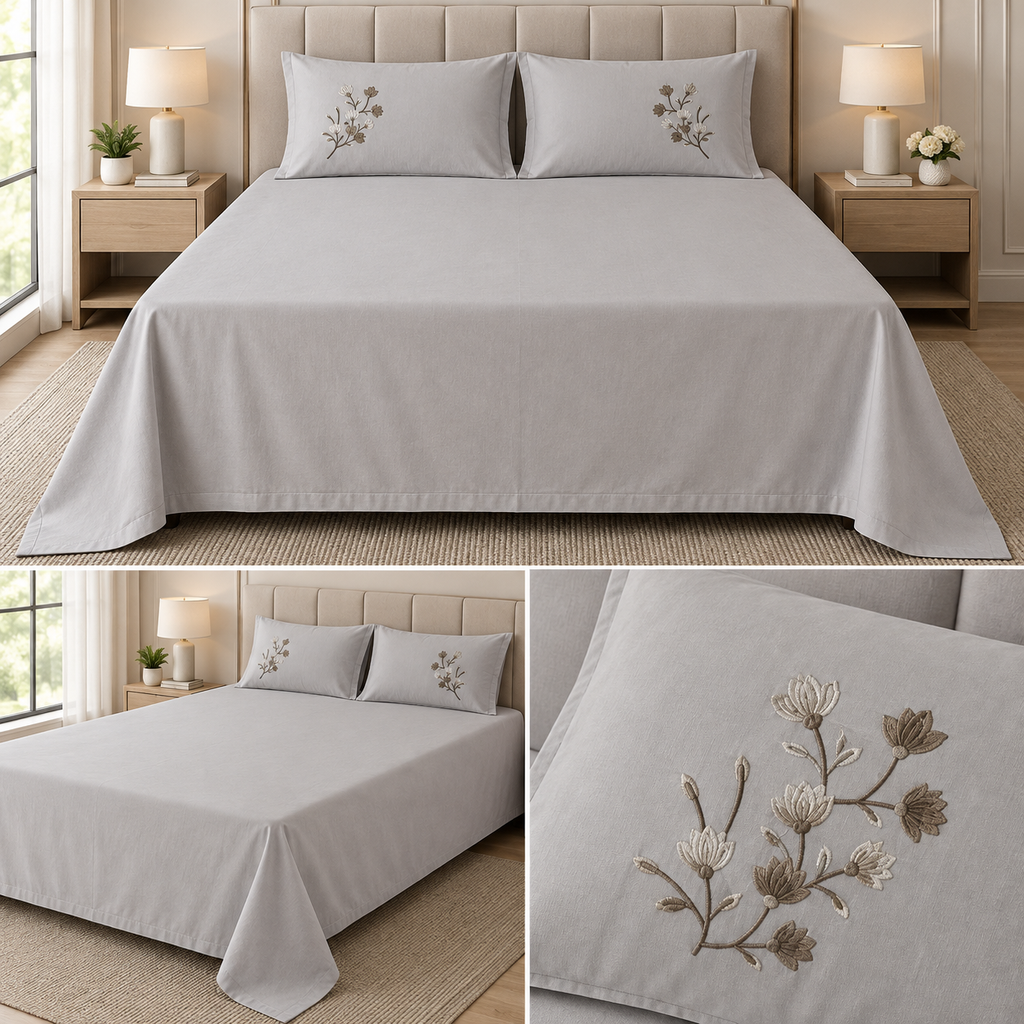 Soft Thick Cotton King Size Bedsheet with Embroidered Pillow Covers