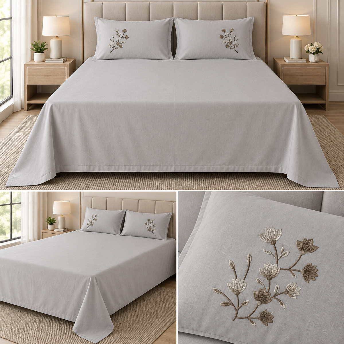 Soft Thick Cotton King Size Bedsheet with Embroidered Pillow Covers