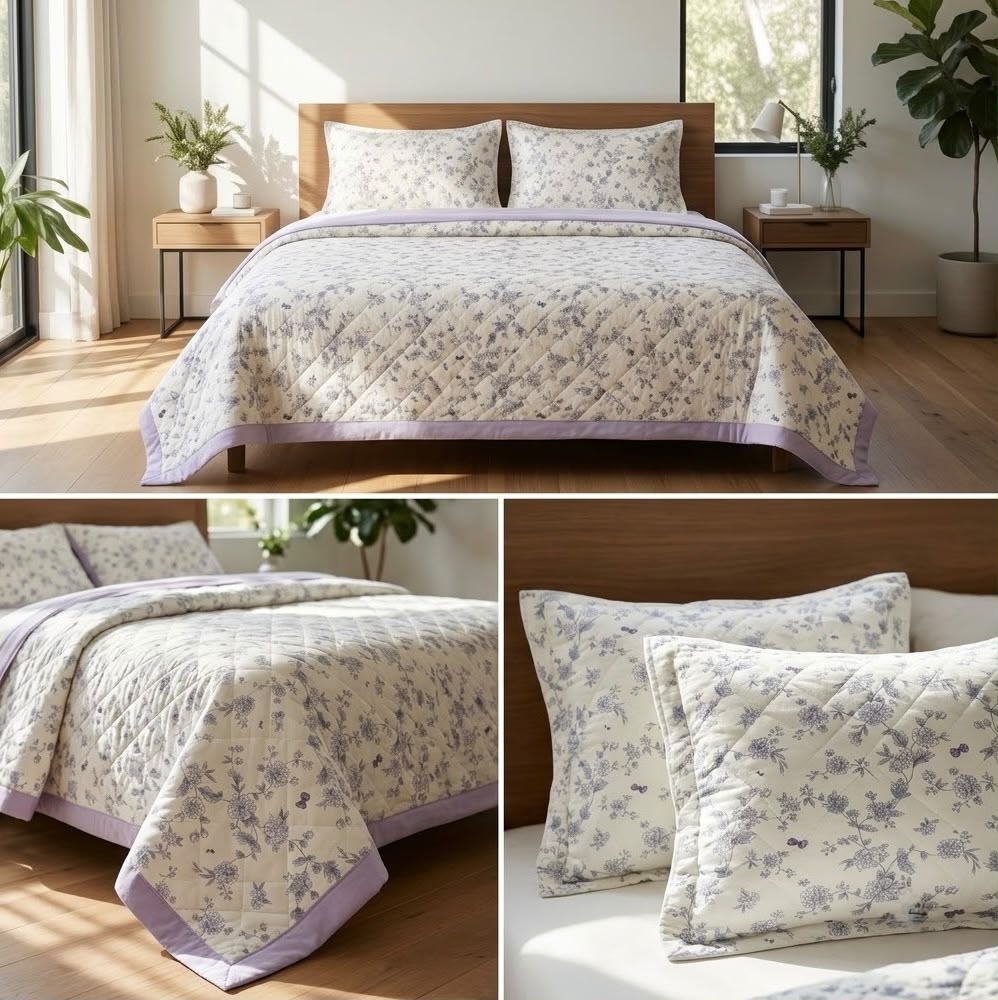 Luxury Floral Quilted Bedcover Set with Elegant Border Detailing – King Size (3 Pcs)