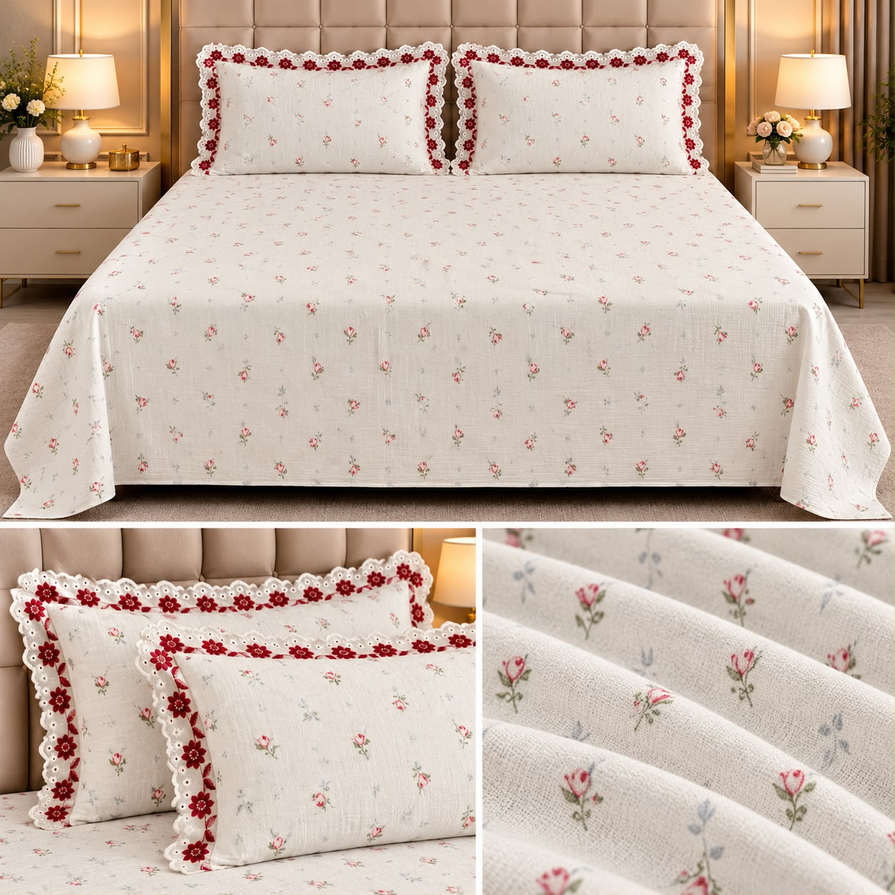 English Floral Lace Bedsheet Set – King Size 3 Pcs | Product Code :- 55B128RKEH
