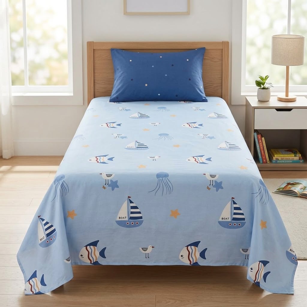 Premium Kids Cartoon Printed Single Bedsheet Set – 100 % Pure Cotton