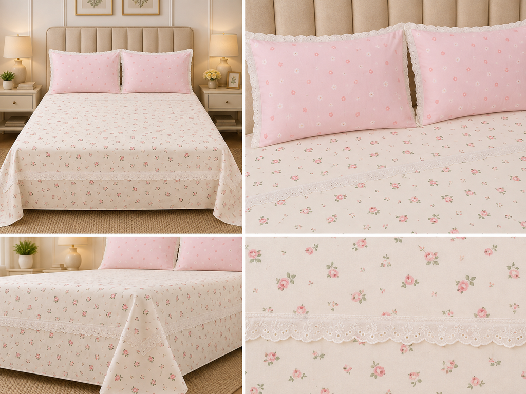 Victorian English Print King Size Bedsheet with Lace Product Code :- 55B99RKEH
