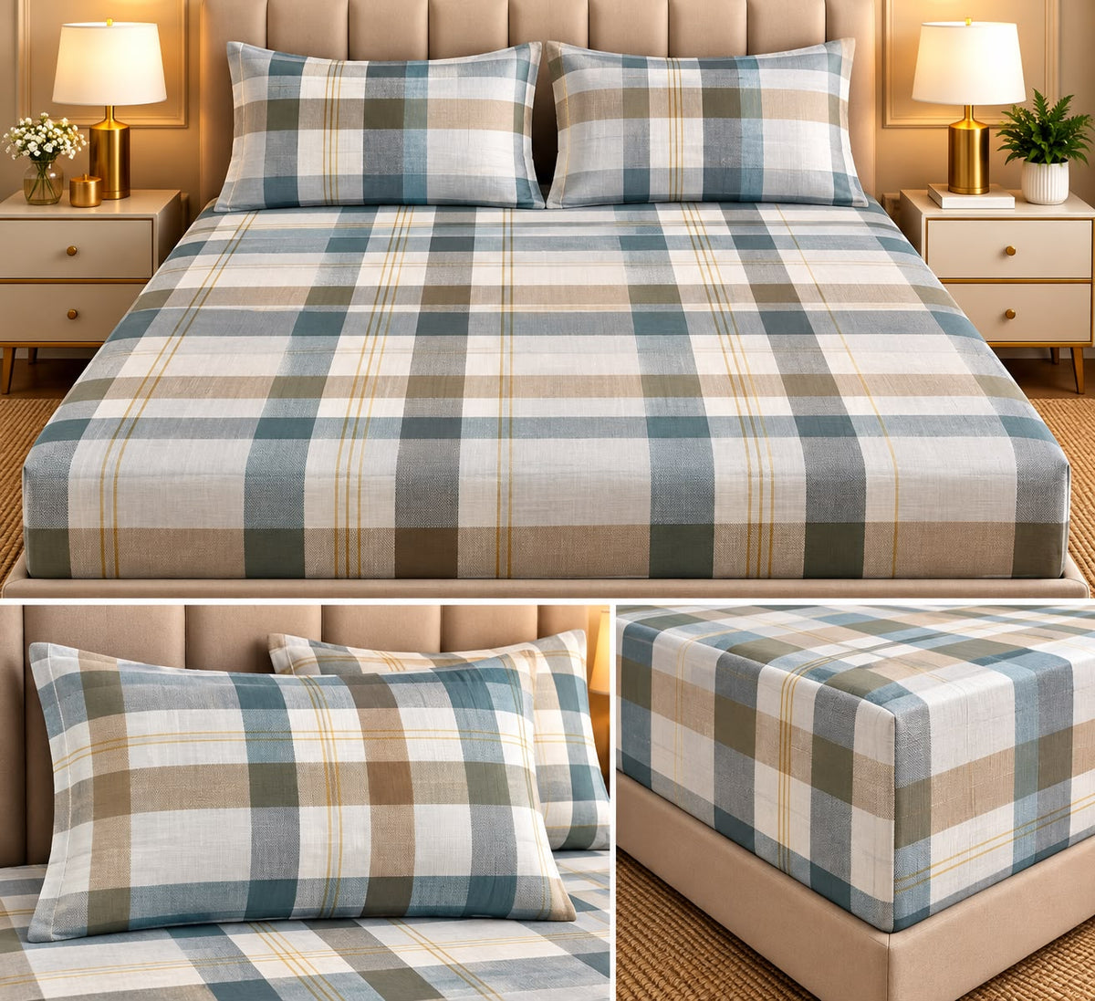 Elegance 100% Cotton King Size Fitted Bedsheet Set – 3 Pcs