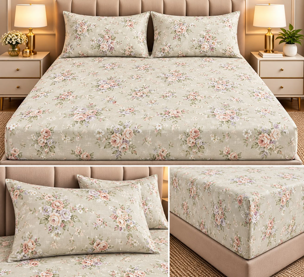 Elegance 100% Cotton King Size Fitted Bedsheet Set – 3 Pcs