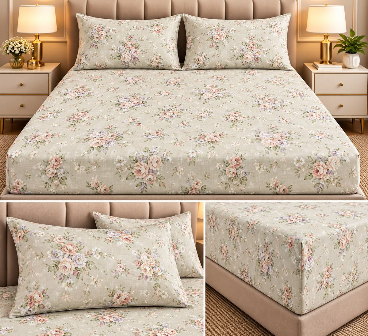 Elegance 100% Cotton King Size Fitted Bedsheet Set – 3 Pcs