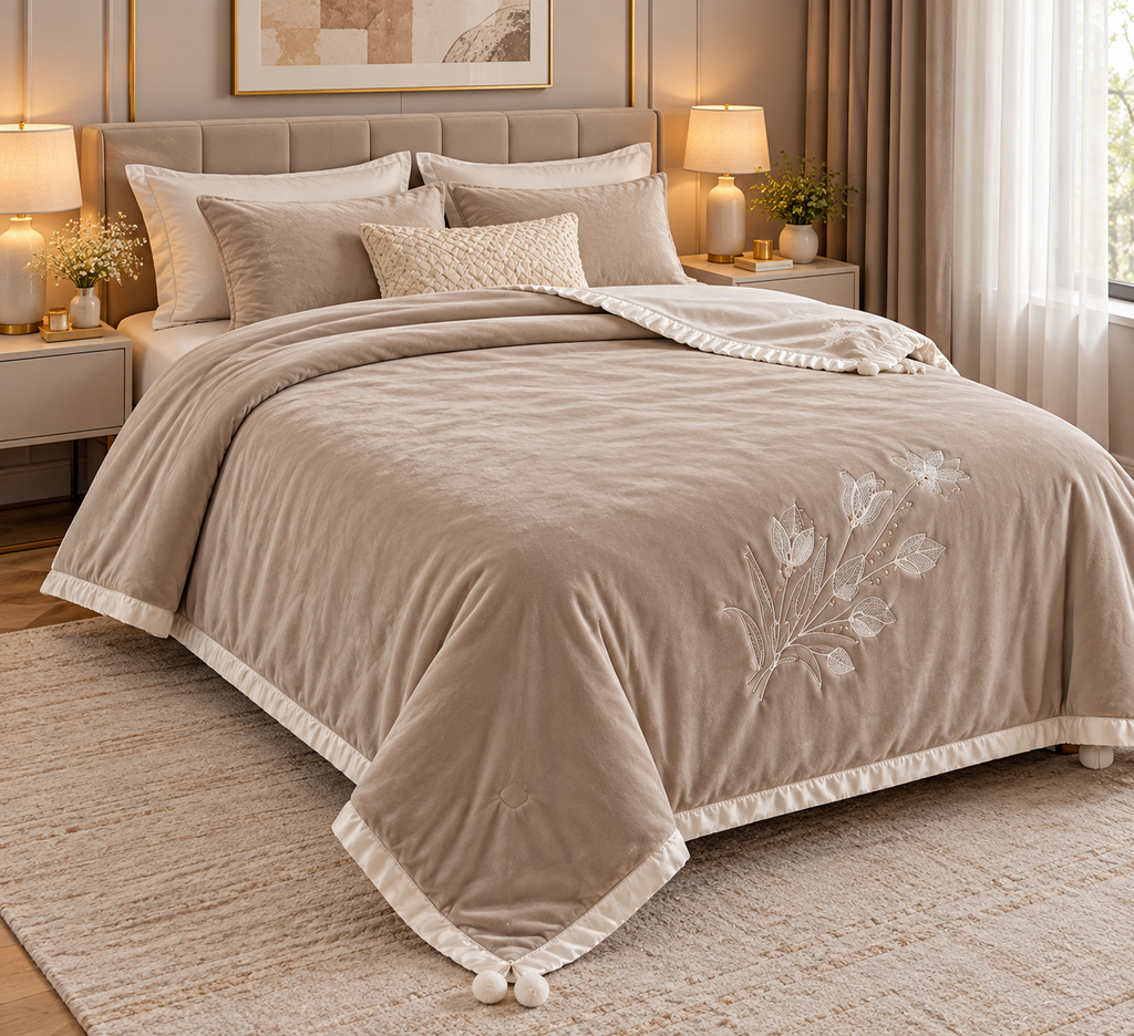 Luxary Designer Embroidered Comforter with Satin Edge & Decorative Tassels Product Code :- 55B185RKEH