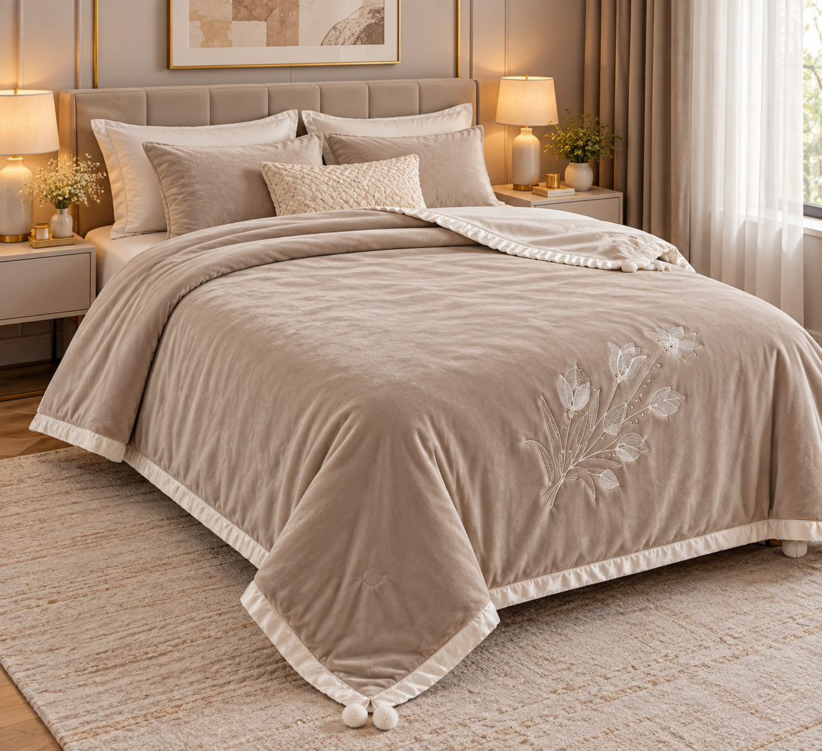 Luxary Designer Embroidered Comforter with Satin Edge & Decorative Tassels Product Code :- 55B185RKEH