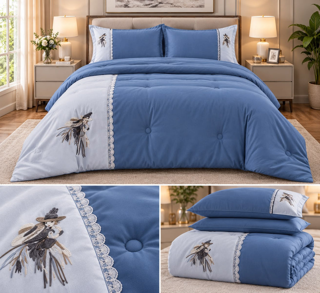 Embroidered Comforter Set with Elegant Lace Detailing – King Size (4 Pcs)