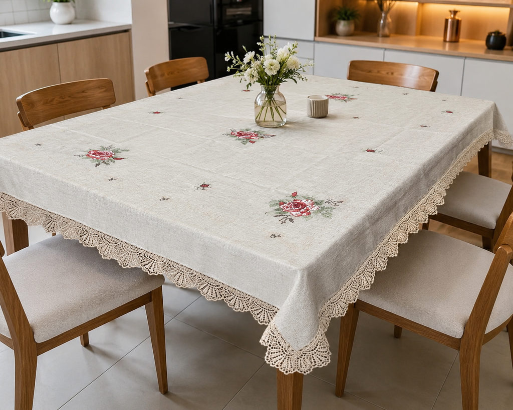 Premium Rose Embroidered Dining Table Cover – 6 Seater | 60 × 90 Inches | Elegant Lace Border