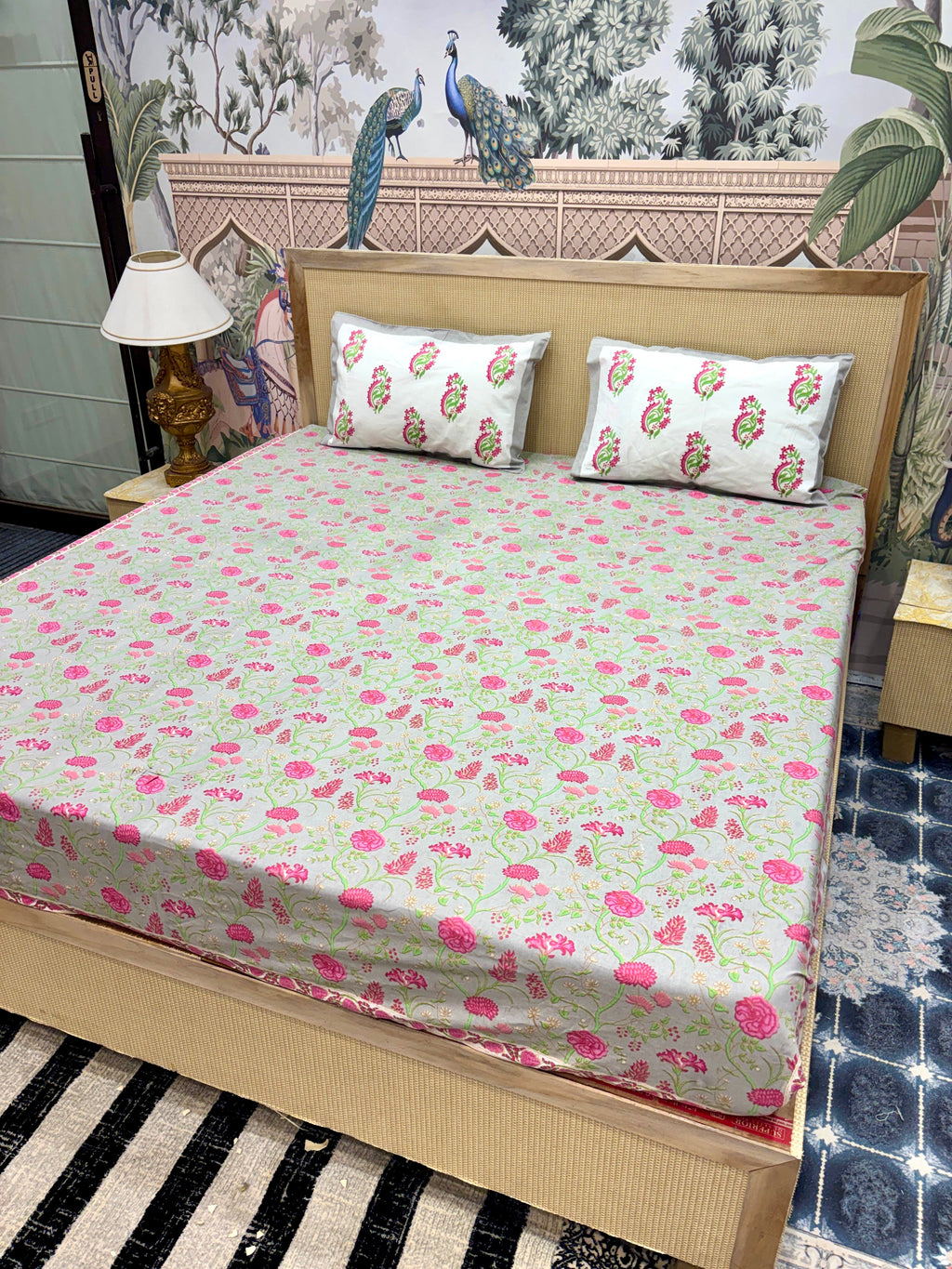 Block Prints Pure Cotton Printed Fitted Bedsheet Set with 2 Pillow Covers