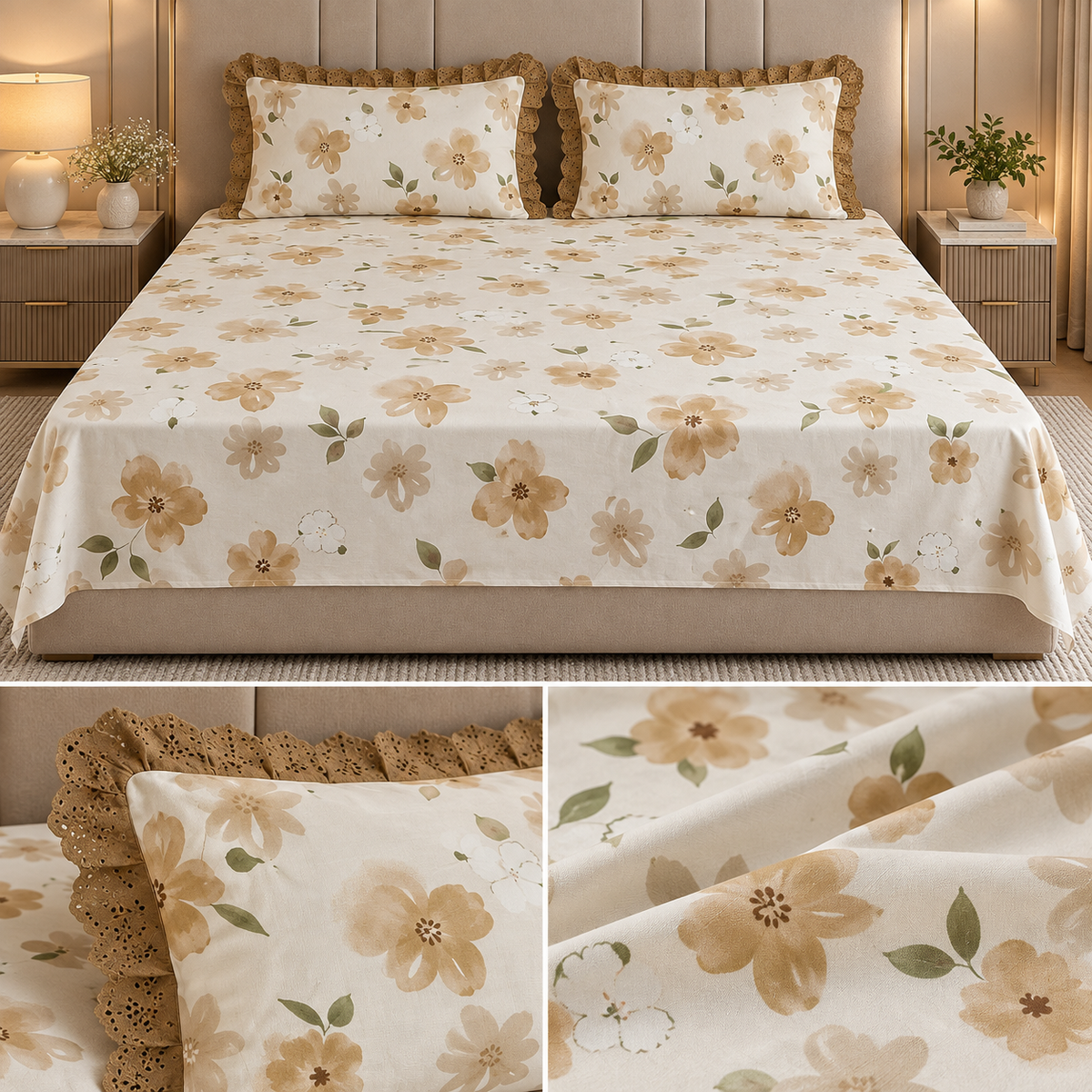 English Garden Premium Cotton Floral Bedsheet Set with Designer Lace Pillow Covers – 108 x 108 Inch