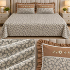 Blush Meadow Luxury Linen Bedsheet Set with Floral Embroidery & Lace Pillow Covers – King Size 3 Pcs