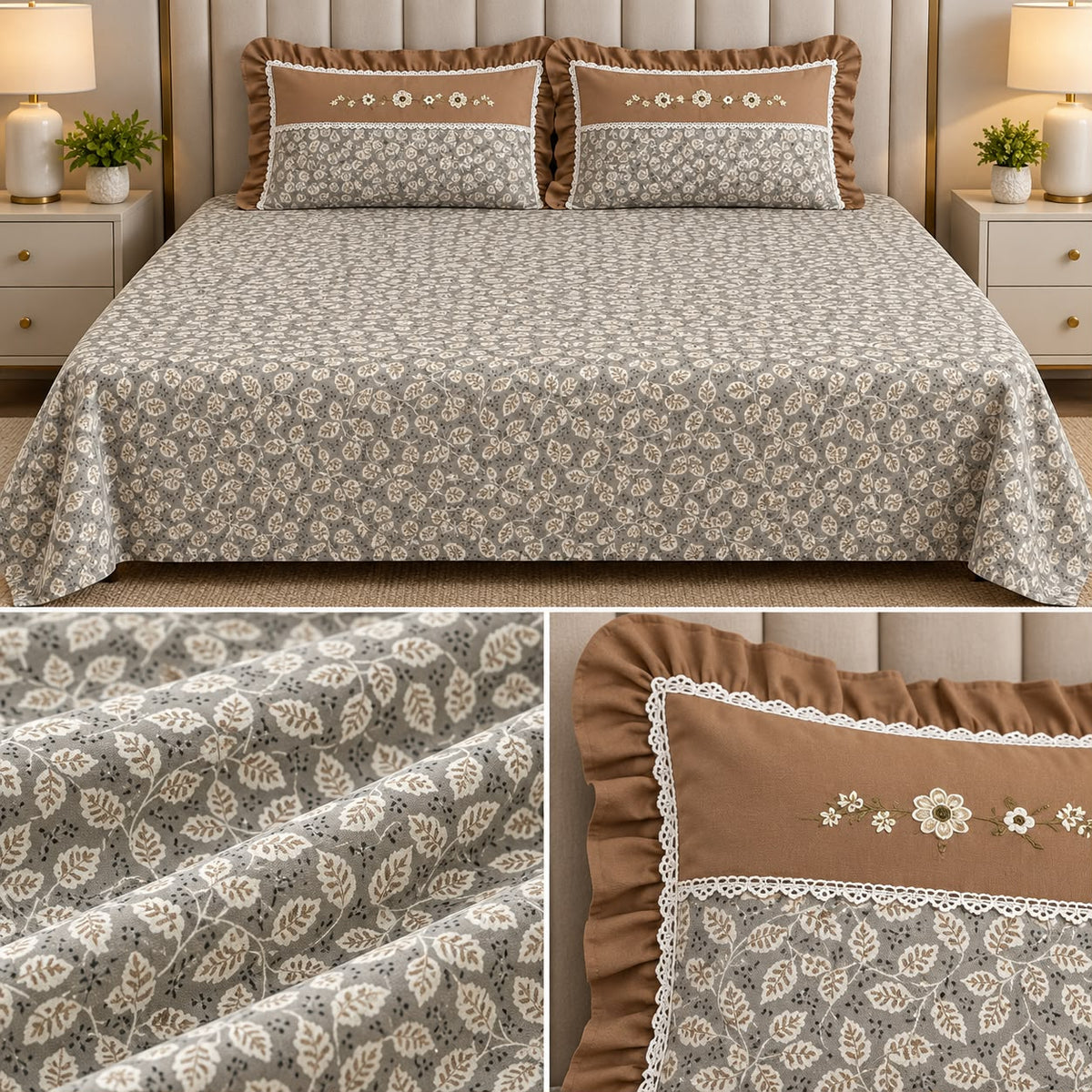 Blush Meadow Luxury Linen Bedsheet Set with Floral Embroidery & Lace Pillow Covers – King Size 3 Pcs